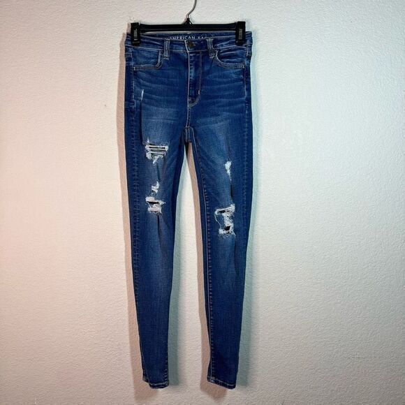 American Eagle Womens Blue Denim Jeans Super Stretch Skinny Distressed‎ Size 0R - Picture 1 of 7
